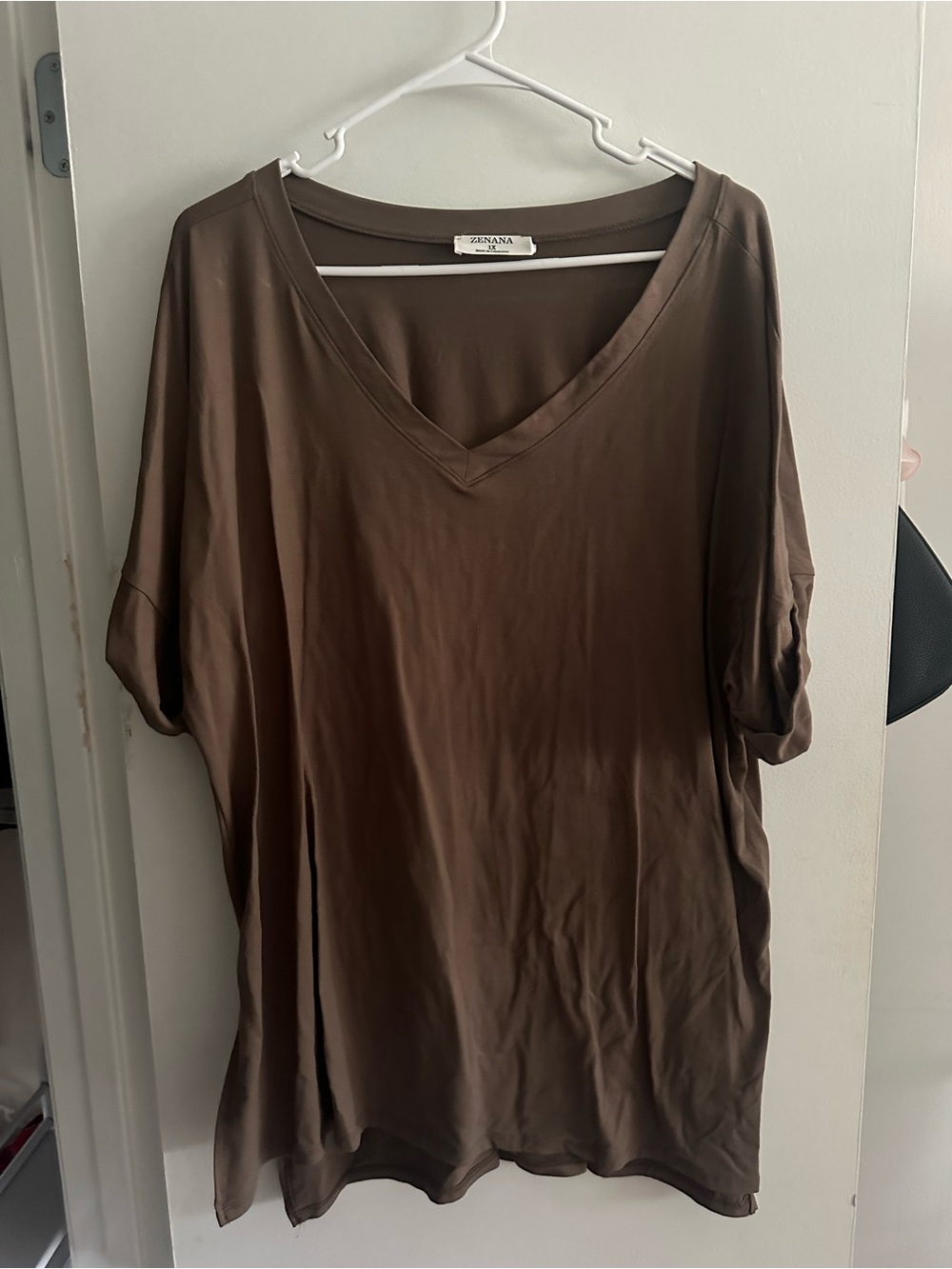 Brown V-Neck Relaxed Fit Short Sleeve Top